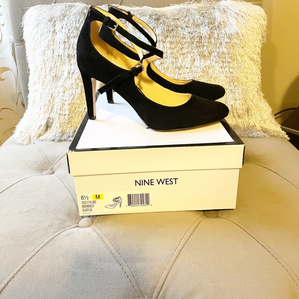 Nine West Hannley Black Suede Crisscross-Ankle Strap Pumps